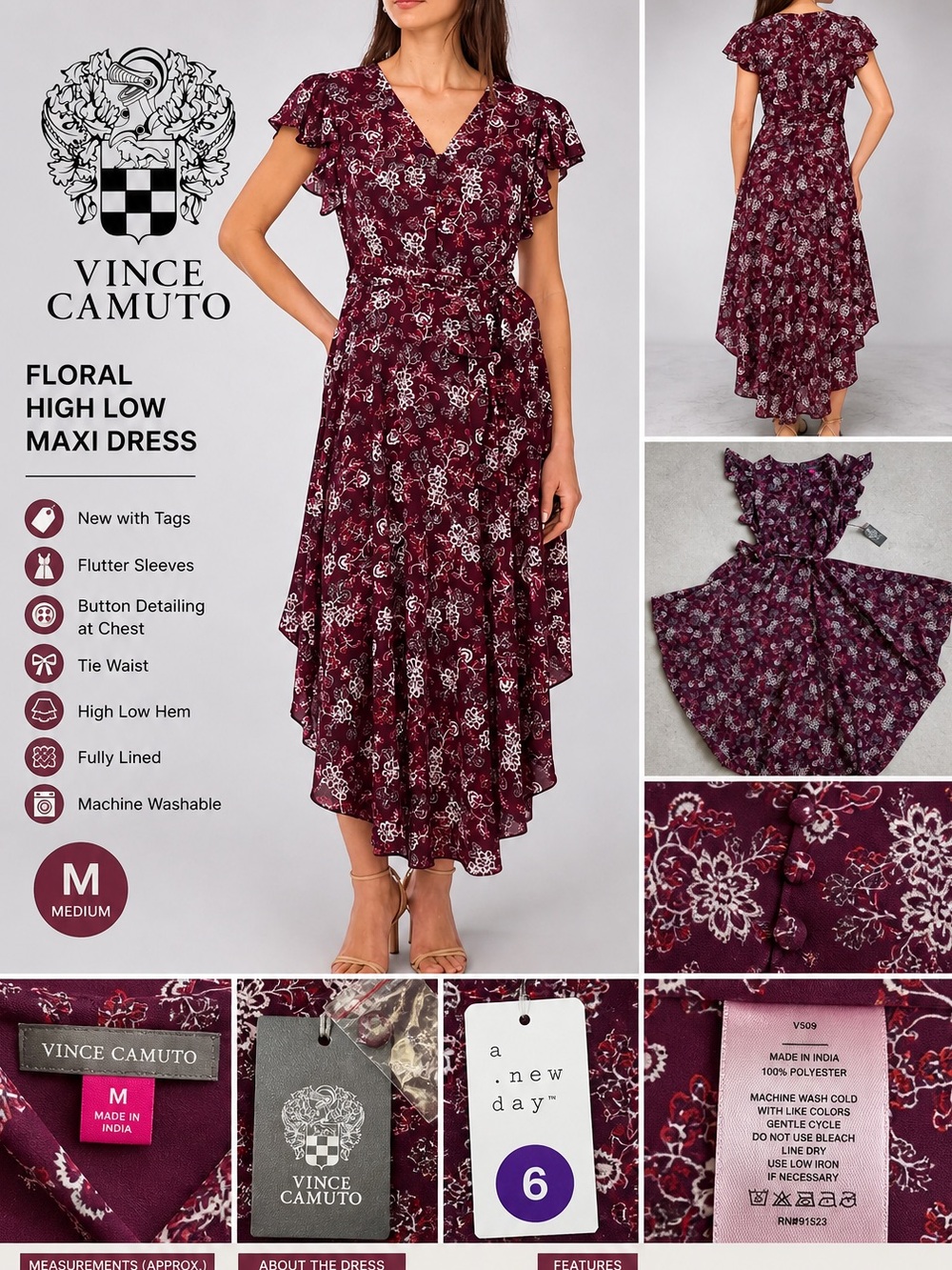 NWT Vince Camuto Floral High Low Maxi Dress Medium Burgundy Flutter Sleeve - Picture 11 of 12